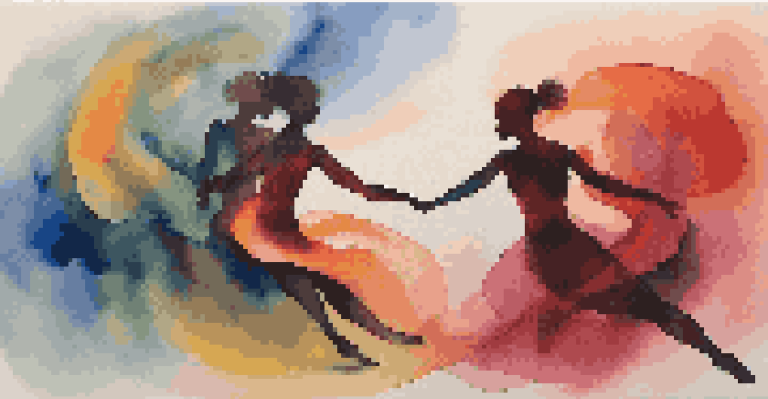 Abstract silhouettes of male and female dancers interwoven against a vibrant gradient background, symbolizing unity and collaboration in feminism.