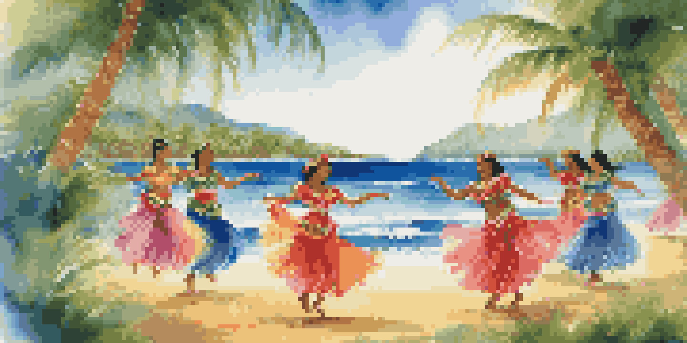 A group of dancers performing hula in colorful costumes against a backdrop of palm trees and the ocean.