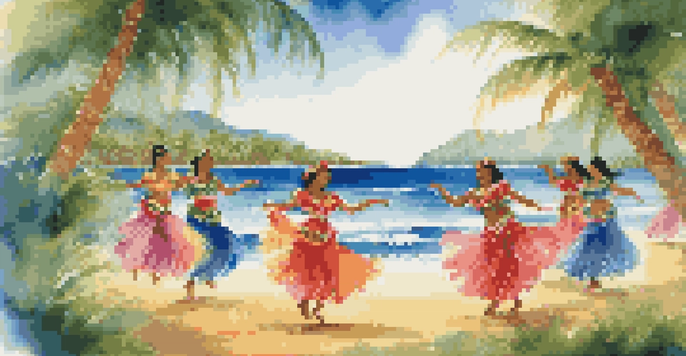 A group of dancers performing hula in colorful costumes against a backdrop of palm trees and the ocean.