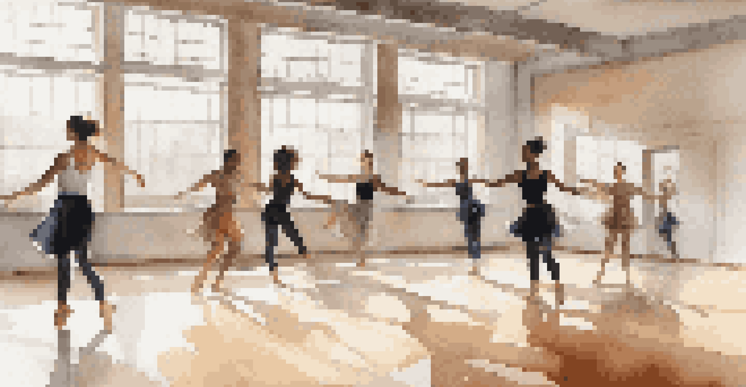 A group of diverse dancers practicing contemporary dance in a bright studio with large windows.