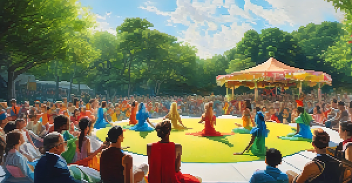 An outdoor performance with dancers interacting with a lively audience, set in a green park under bright sunlight.