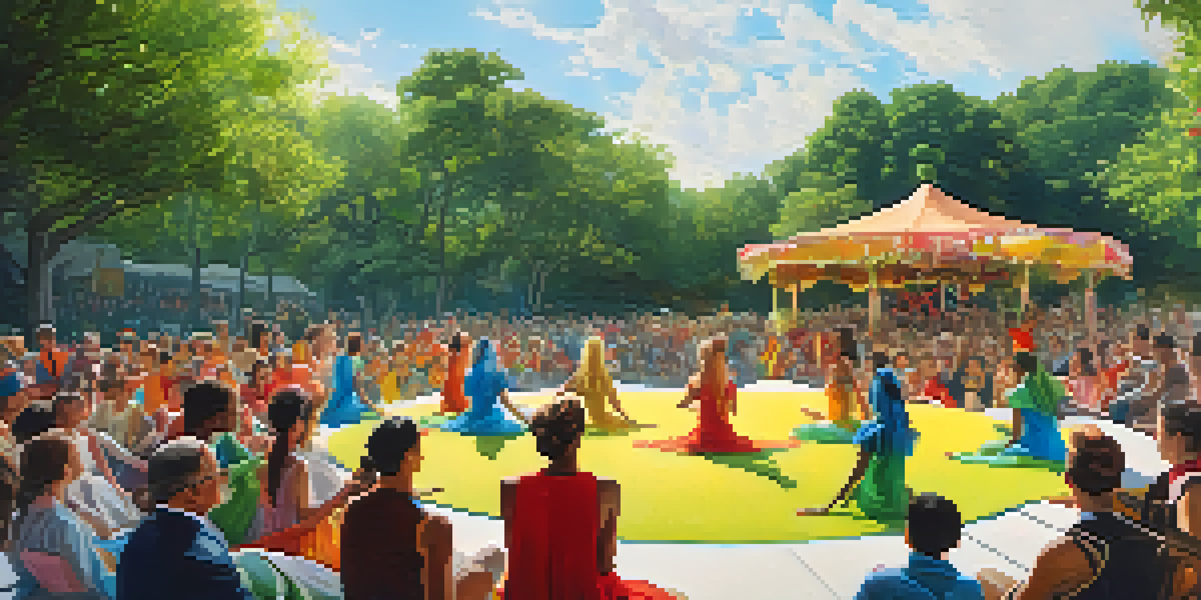 An outdoor performance with dancers interacting with a lively audience, set in a green park under bright sunlight.