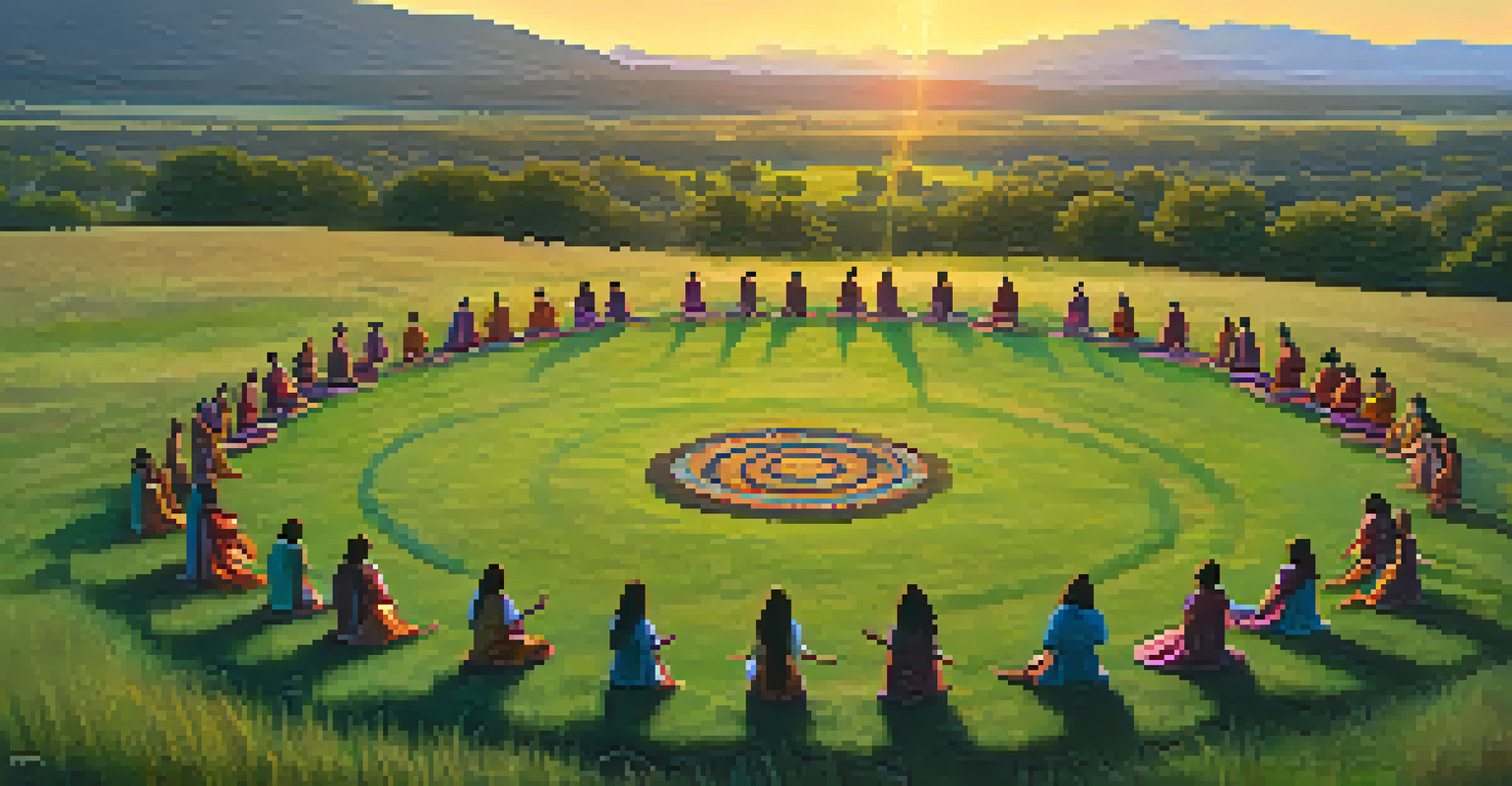 An aerial view of a group performing shamanic dance in a circular pattern on a grassy field at sunset.