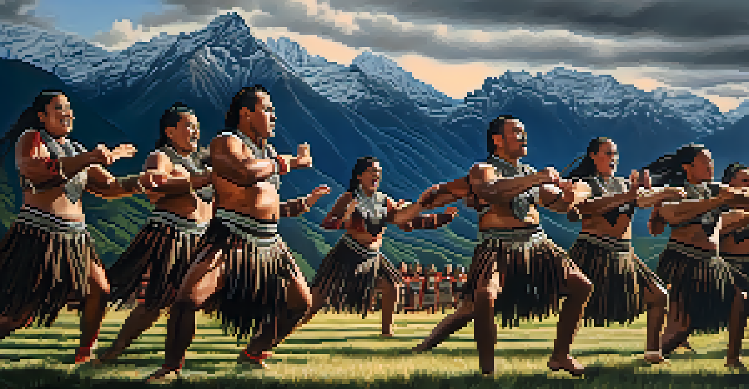 Dancers performing the Maori Haka in traditional attire against New Zealand's mountains, showcasing strength and unity.