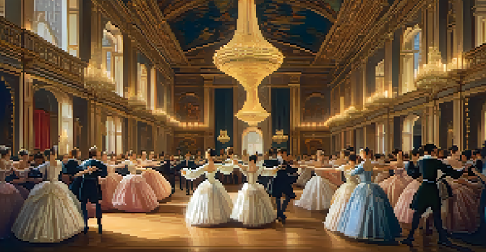 A Renaissance court ballet performance with dancers in elaborate costumes and soft lighting, showcasing their movements against a luxurious backdrop.