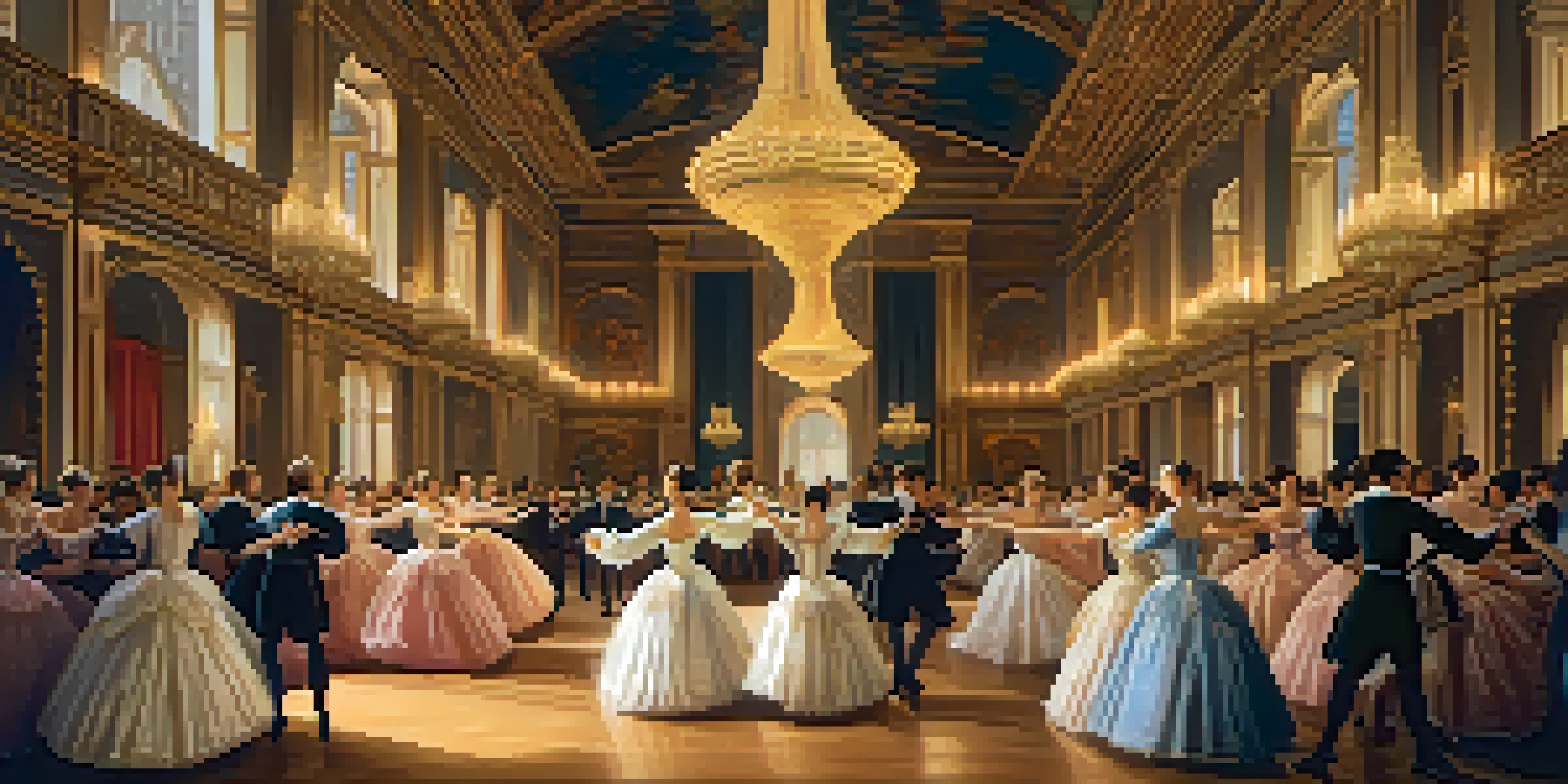 A Renaissance court ballet performance with dancers in elaborate costumes and soft lighting, showcasing their movements against a luxurious backdrop.