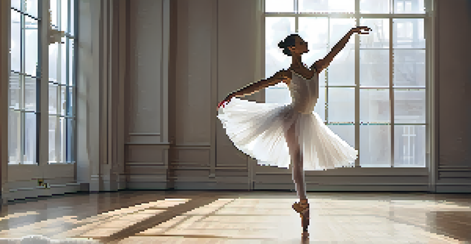 A ballet dancer in mid-air performing a grand jeté in a bright dance studio, wearing a white tutu and ballet slippers.
