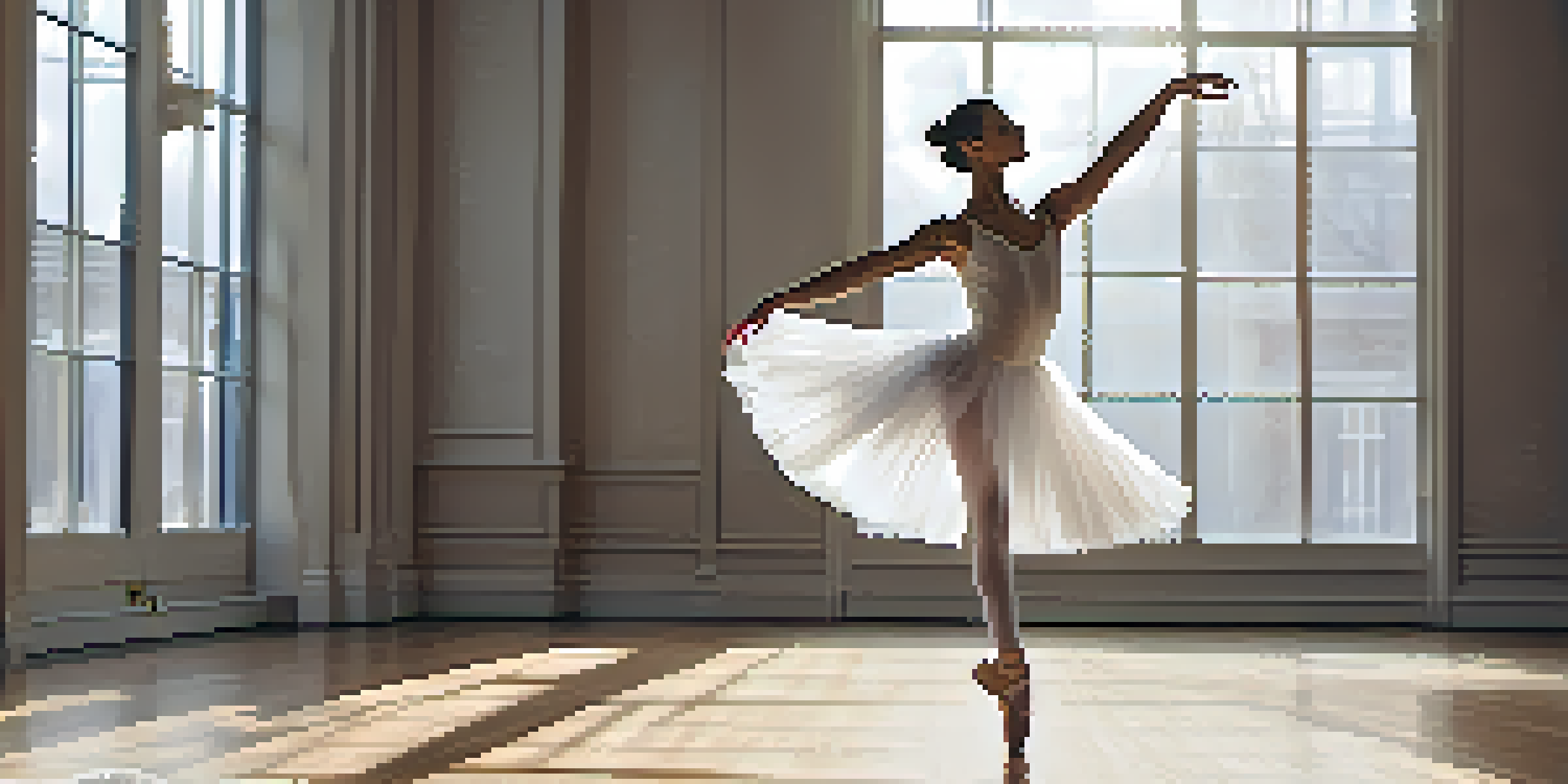 A ballet dancer in mid-air performing a grand jeté in a bright dance studio, wearing a white tutu and ballet slippers.