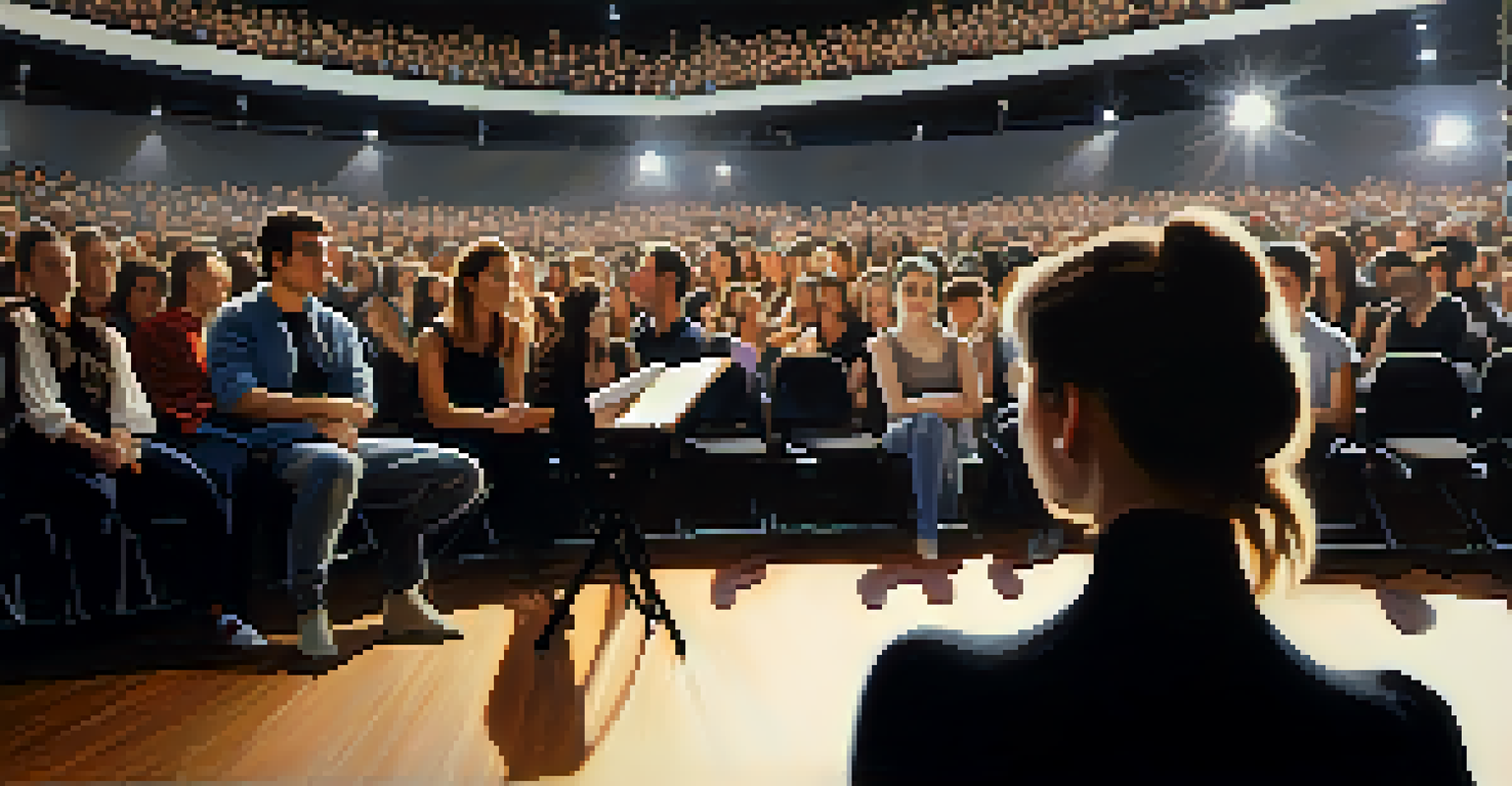 A dance critic observing a performance, taking notes with dancers blurred in the background.