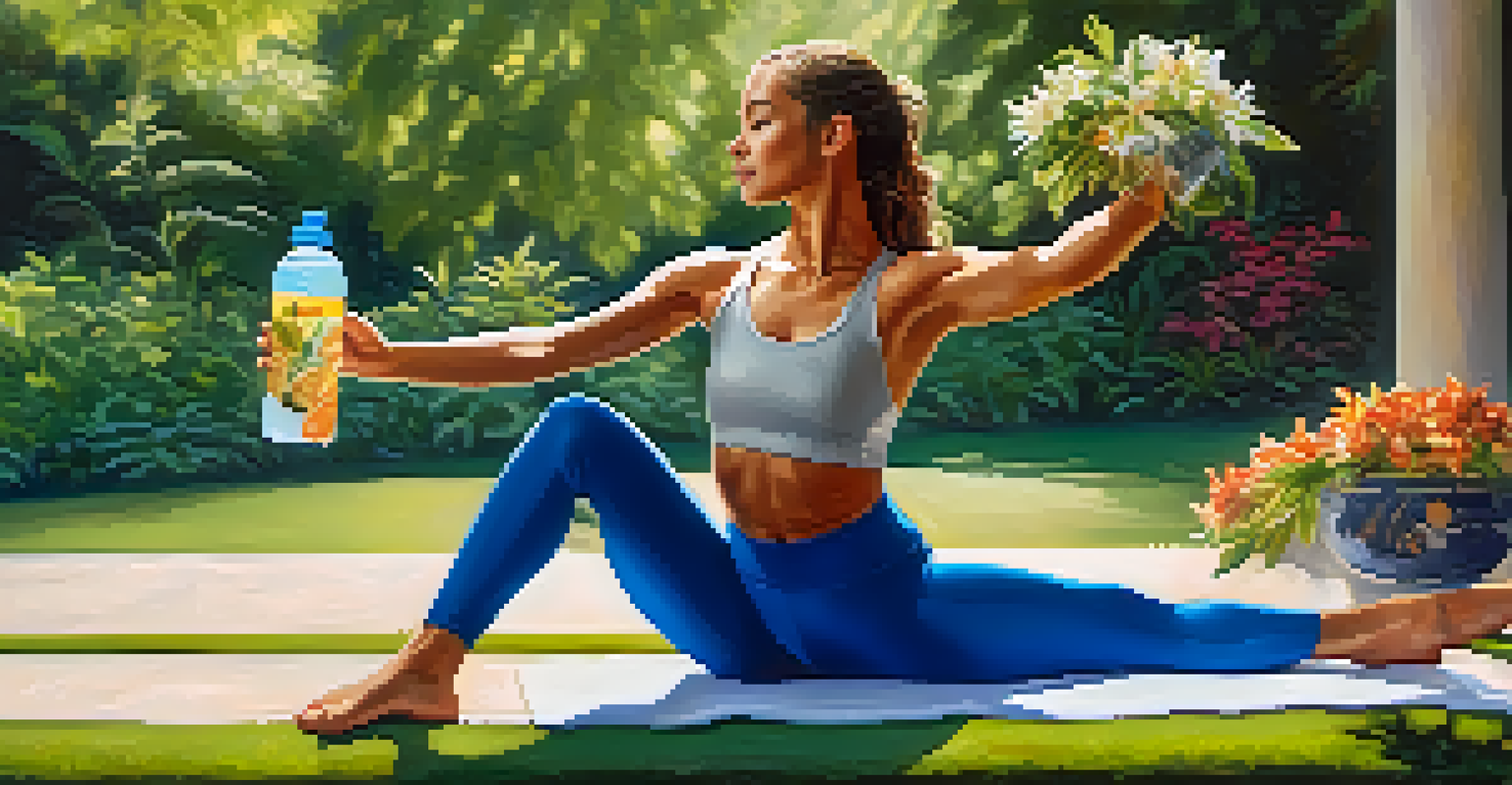 A dancer outdoors, holding a water bottle and snack, surrounded by greenery, emphasizing hydration and energy.
