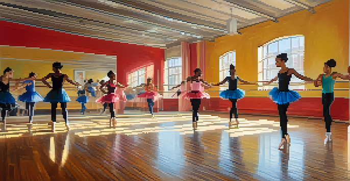 A bright dance studio with dancers of different backgrounds practicing together, showcasing various dance styles in colorful outfits.