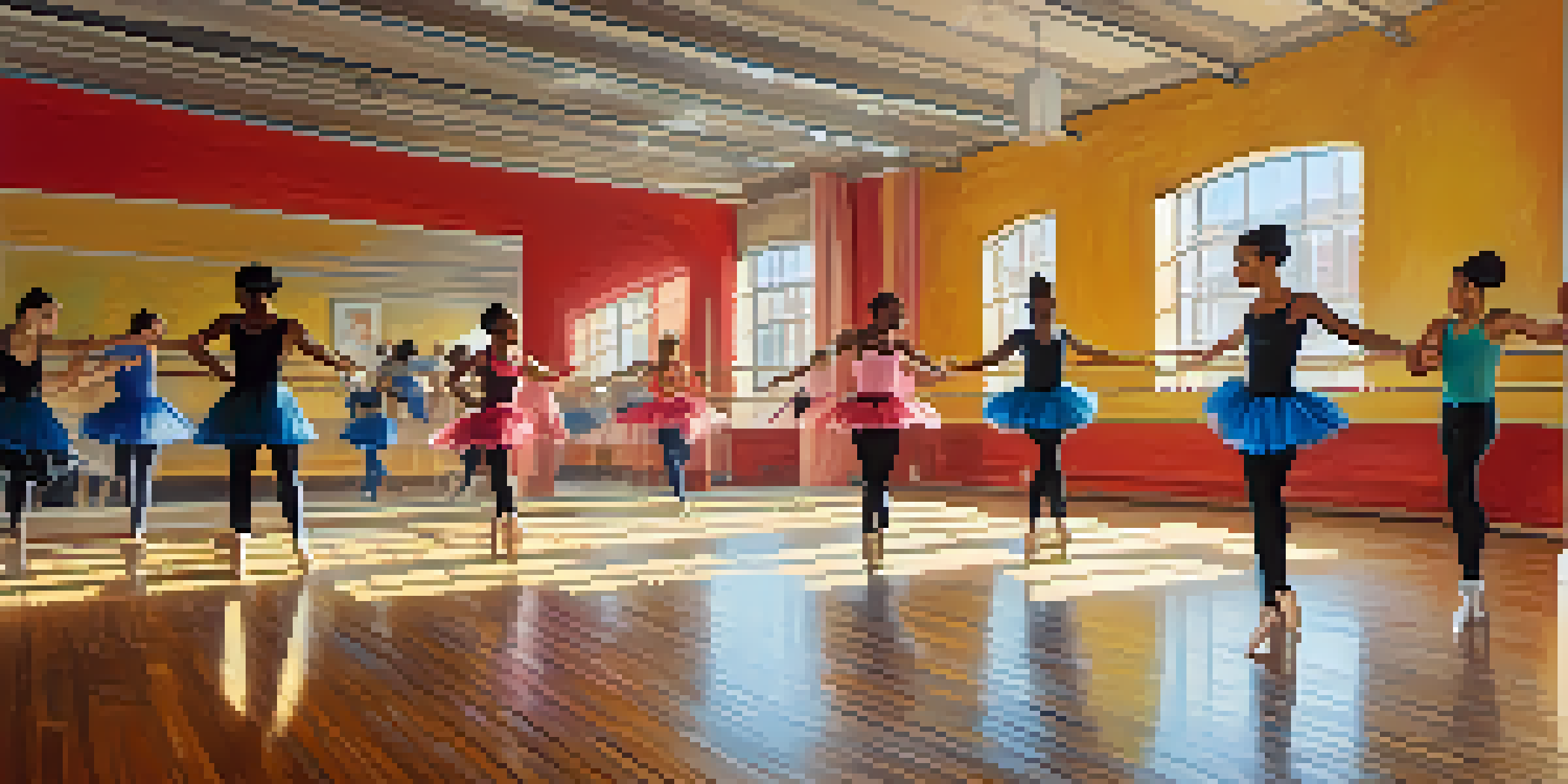 A bright dance studio with dancers of different backgrounds practicing together, showcasing various dance styles in colorful outfits.