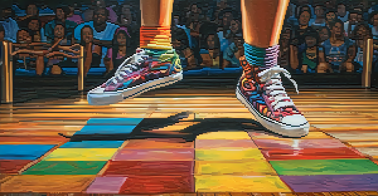 A close-up of a dancer's feet performing a locking move on a wooden stage, with vibrant sneakers and colorful spotlights in the background.