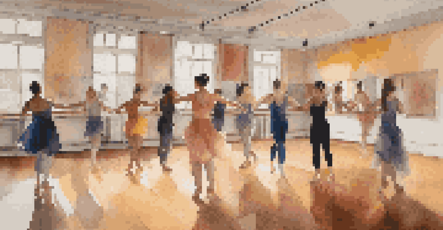 A rehearsal space with diverse dancers collaborating. Mirrors and wooden floors reflect their movements in a warm, cozy atmosphere.