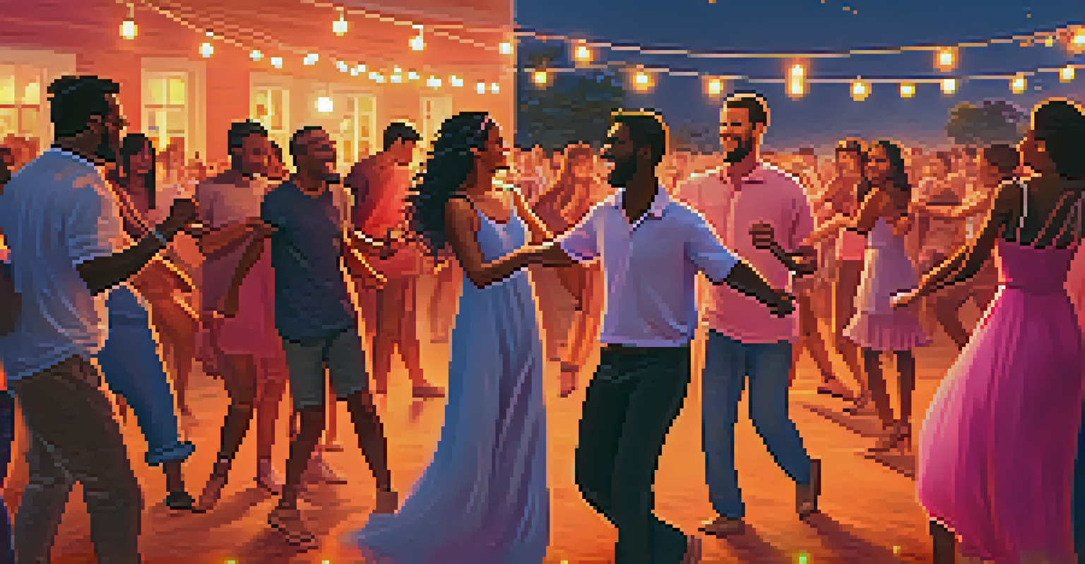 A community dance event at sunset with diverse participants enjoying the moment.