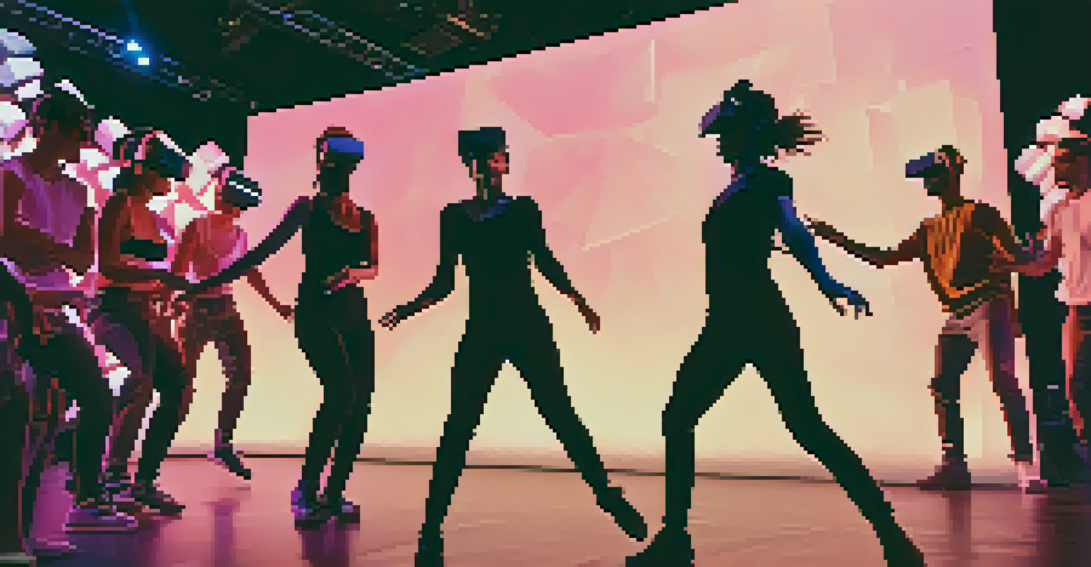 Dancers performing interactively with an audience using augmented reality technology in a visually dynamic environment.