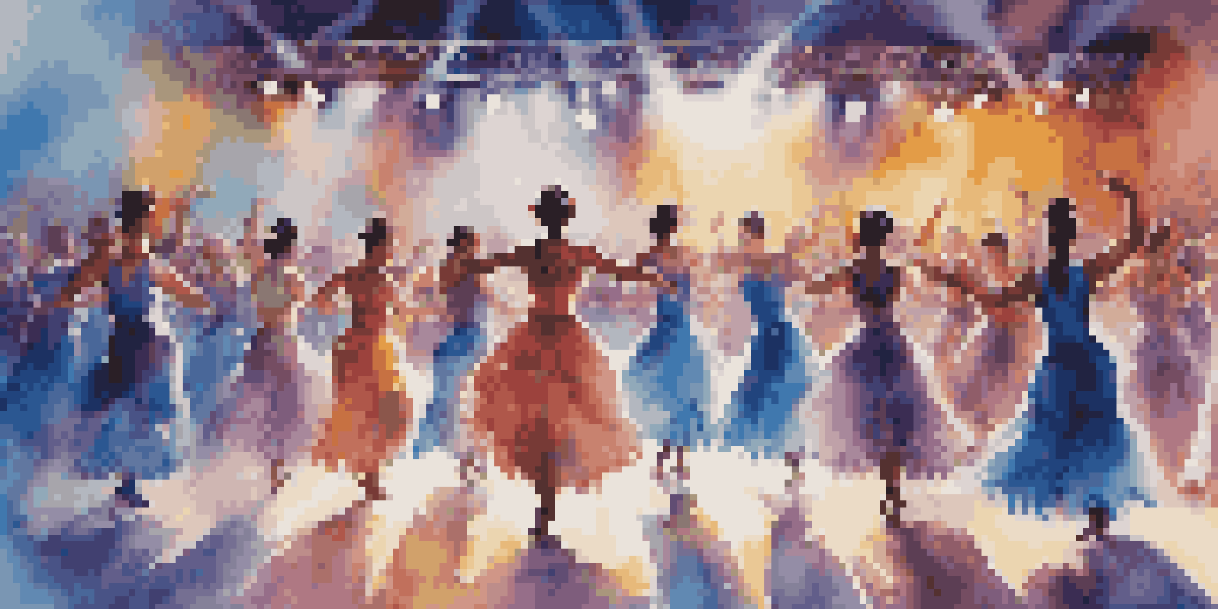 A colorful dance competition with diverse dancers performing on stage under dramatic lighting, while an engaged audience watches.