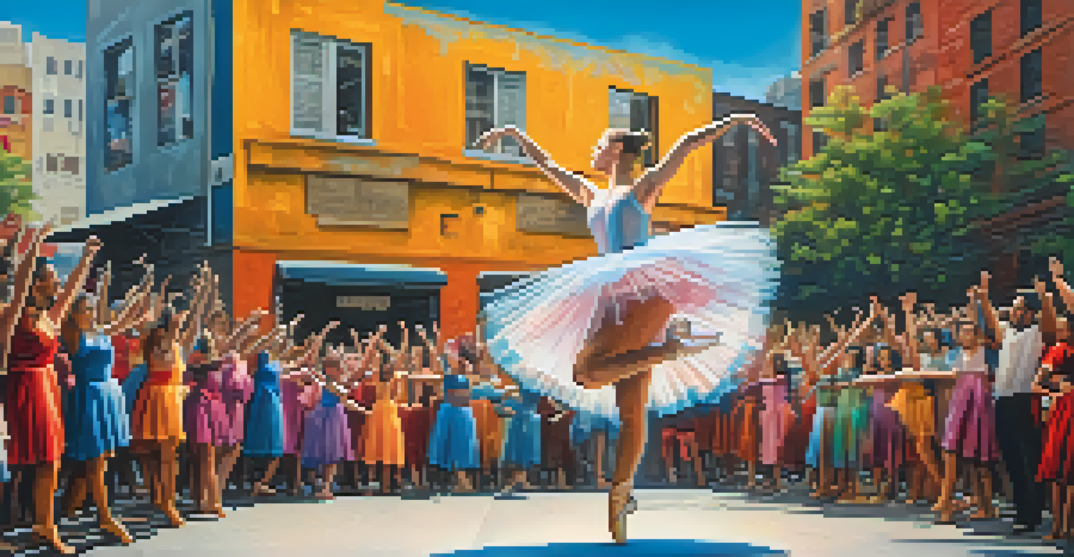 An outdoor ballet performance in an urban setting, with dancers in colorful costumes and murals in the background depicting social justice themes.