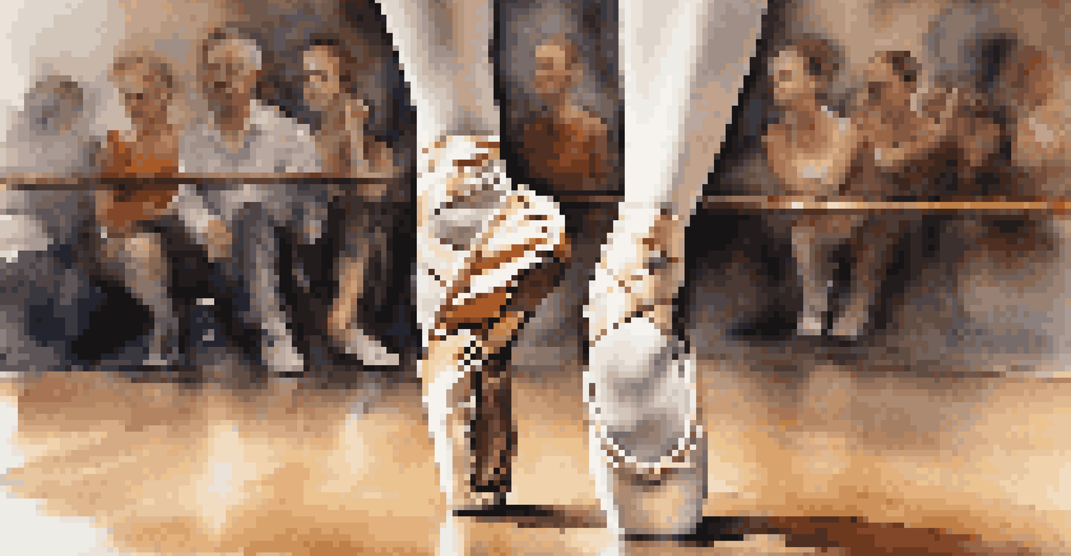 A close-up of a dancer's feet in ballet shoes demonstrating technique on a polished wooden floor, with an audience in the background.
