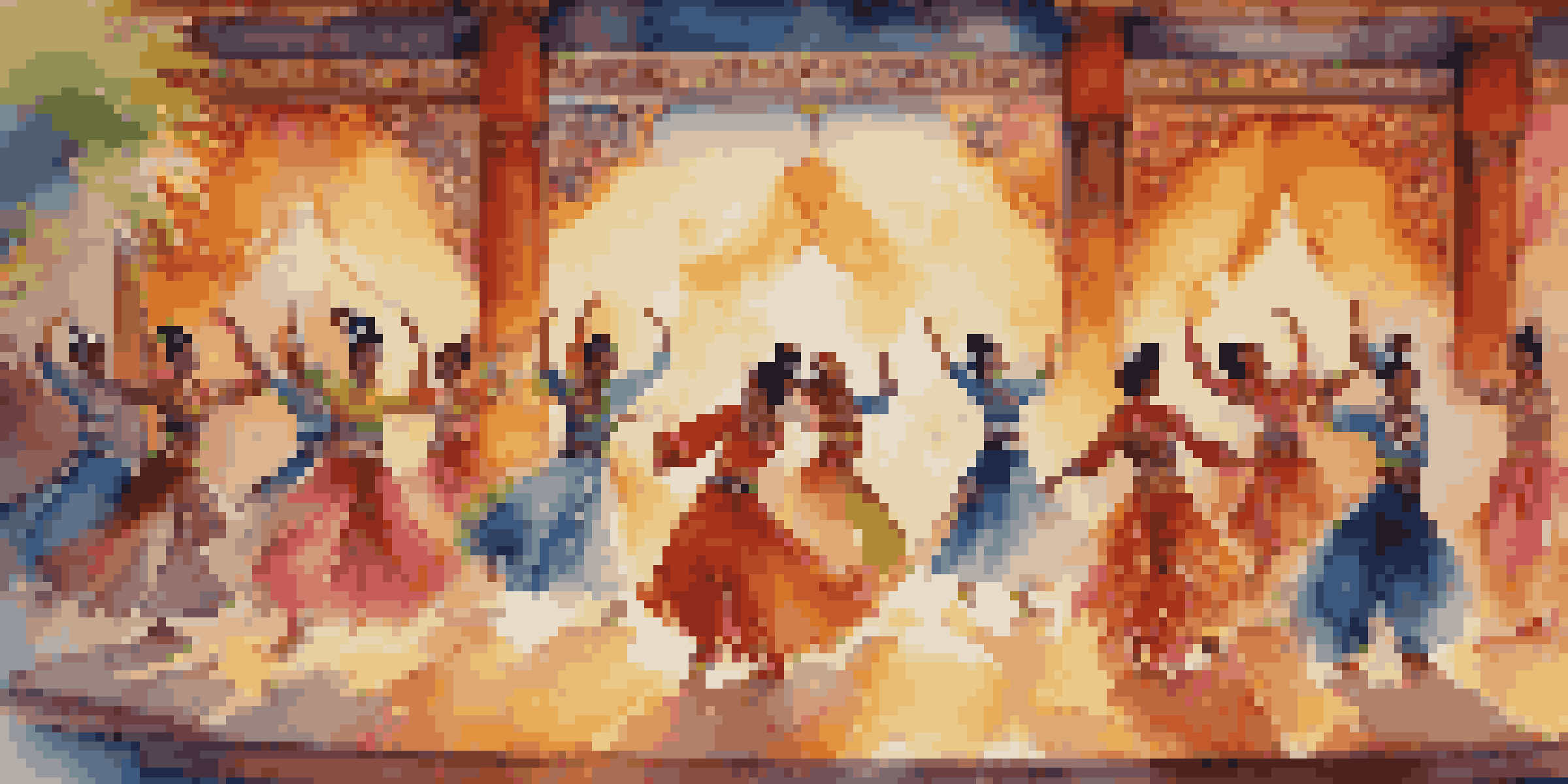 A group of dancers in traditional costumes from different cultures performing together on stage, illuminated by warm lighting with cultural motifs in the background.
