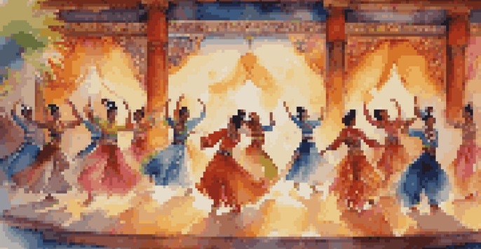 A group of dancers in traditional costumes from different cultures performing together on stage, illuminated by warm lighting with cultural motifs in the background.
