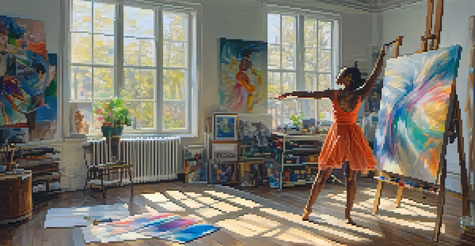 An artist's studio featuring a painter and a dancer working together, surrounded by art supplies and natural light.