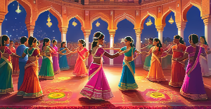 A lively Indian dance performance at the Diwali festival, with dancers in bright costumes and warm lighting.