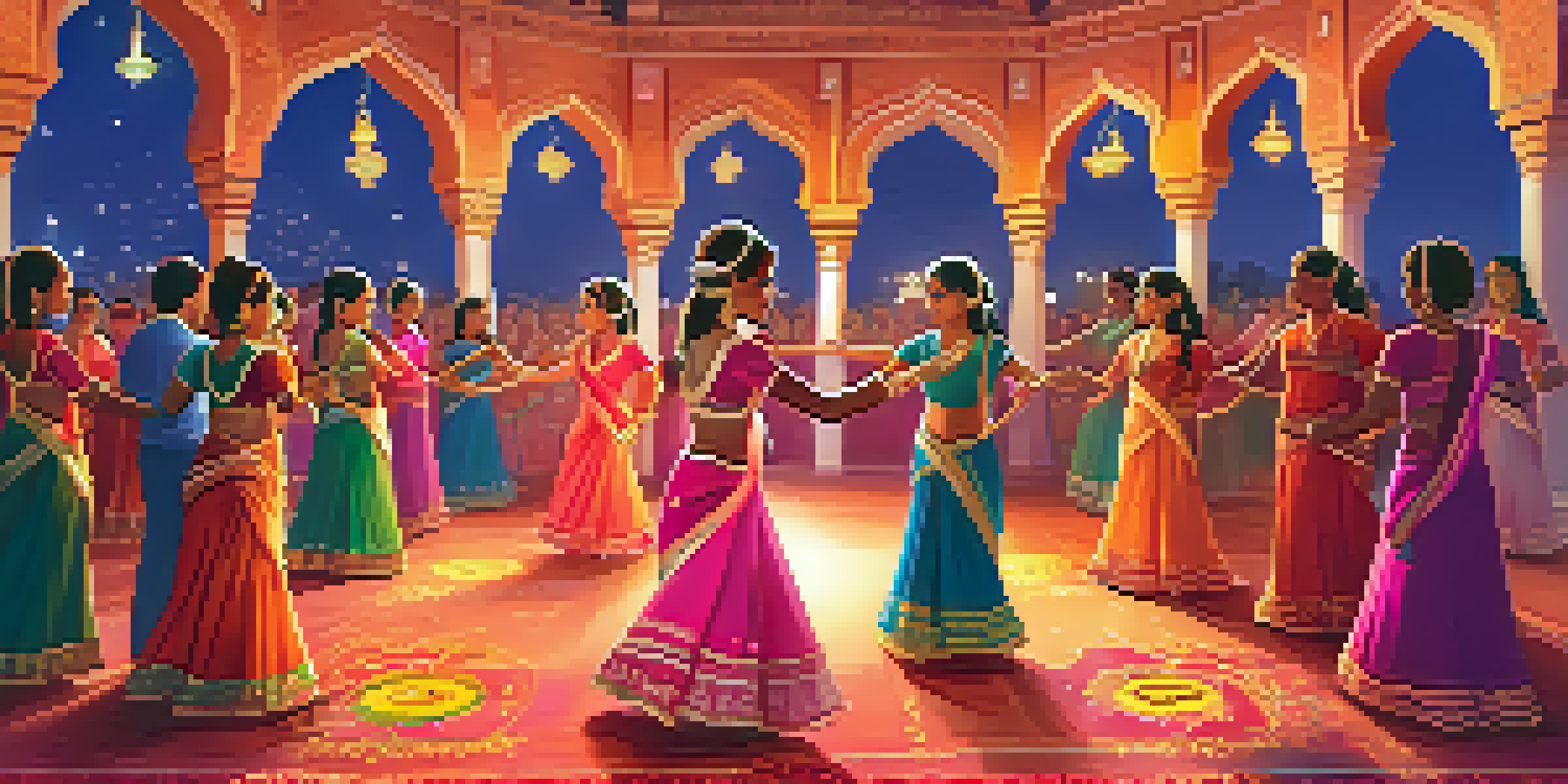 A lively Indian dance performance at the Diwali festival, with dancers in bright costumes and warm lighting.
