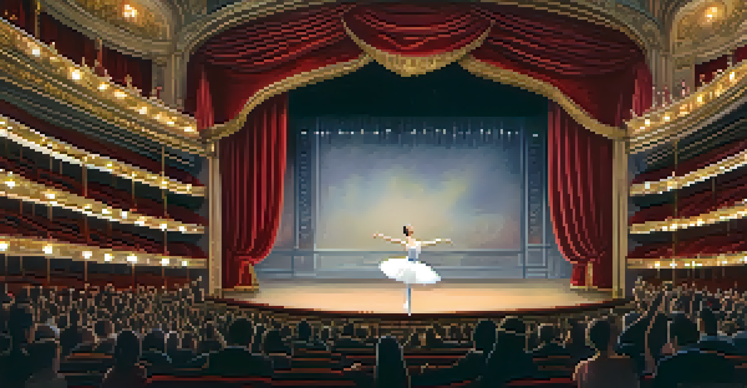 A ballerina in a white tutu performing a leap on a grand theater stage, illuminated by a spotlight, with ornate decorations in the background.