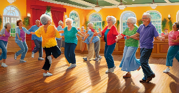 A lively dance class with older adults enjoying a salsa routine, showcasing diversity and joy.