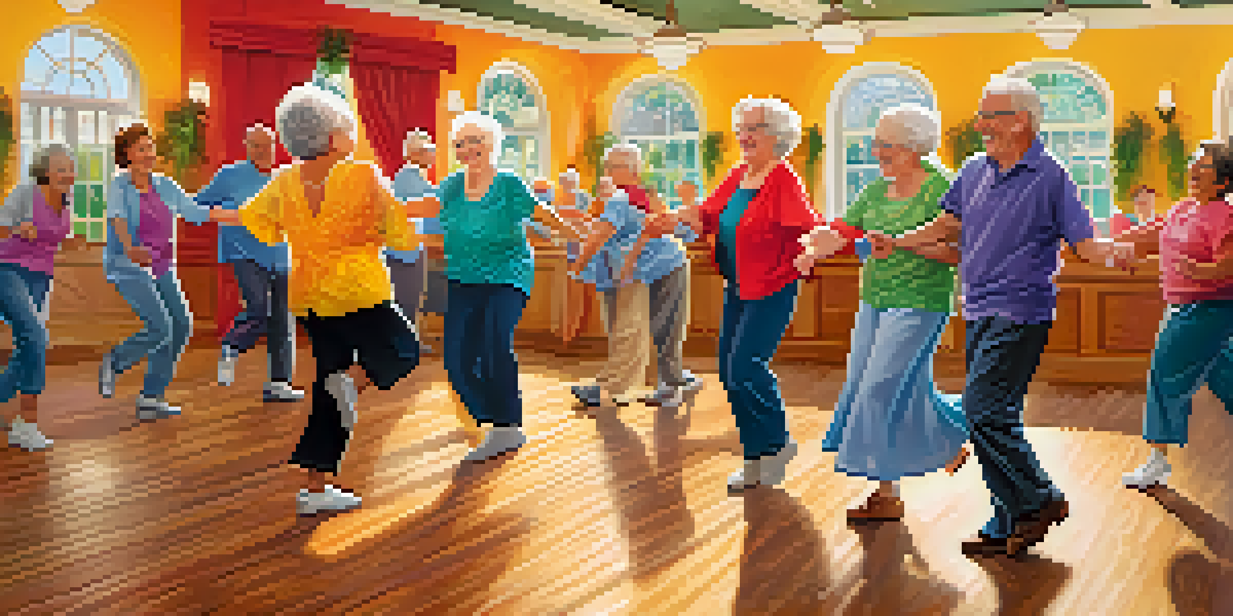 A lively dance class with older adults enjoying a salsa routine, showcasing diversity and joy.