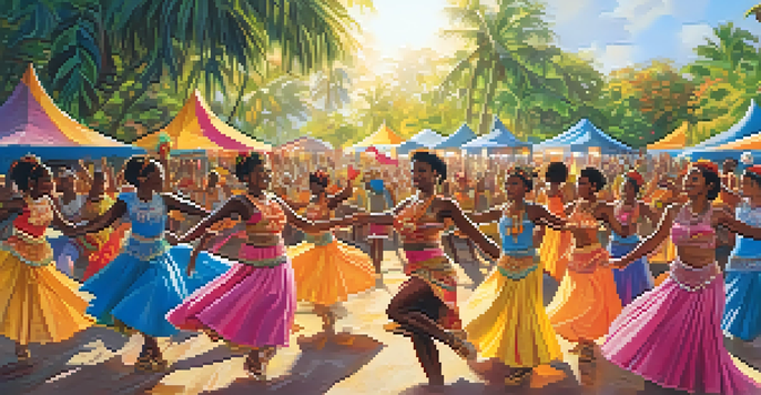 A lively Afro-Caribbean festival with dancers in colorful costumes, surrounded by tropical foliage and sunlight.
