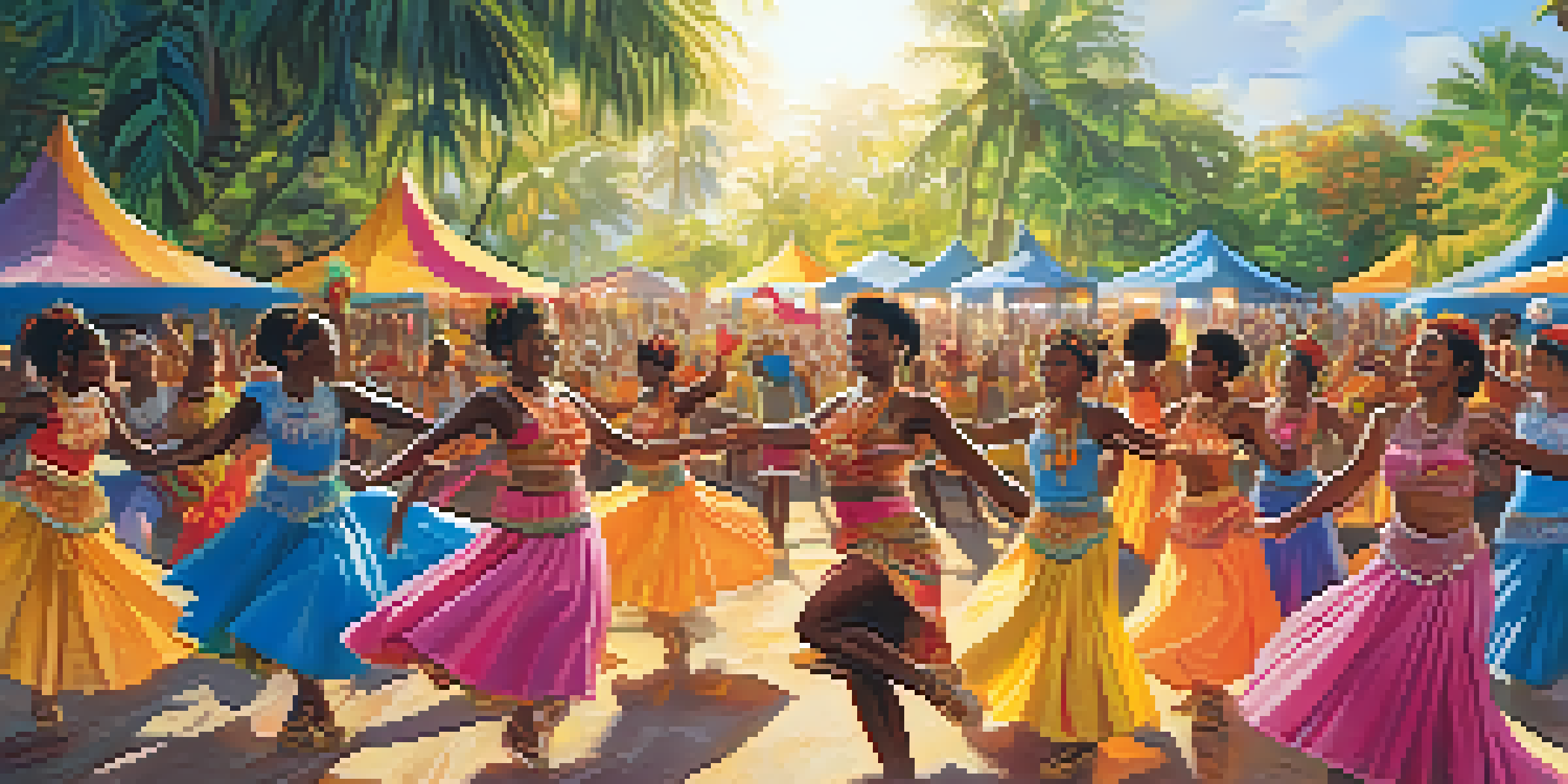 A lively Afro-Caribbean festival with dancers in colorful costumes, surrounded by tropical foliage and sunlight.