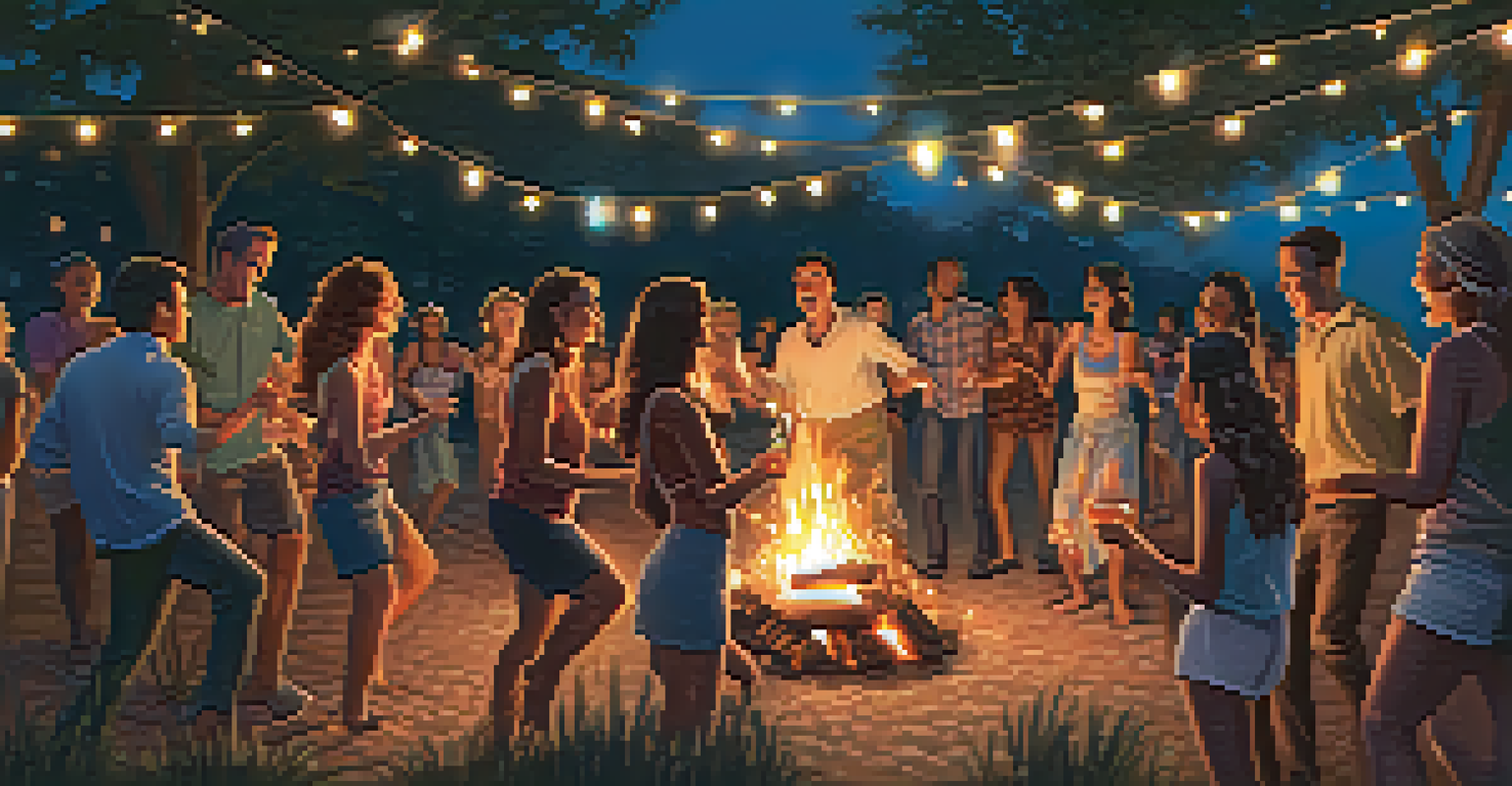 A small group of friends dancing samba around a bonfire at night, illuminated by the firelight and fairy lights in the trees, symbolizing community and connection.
