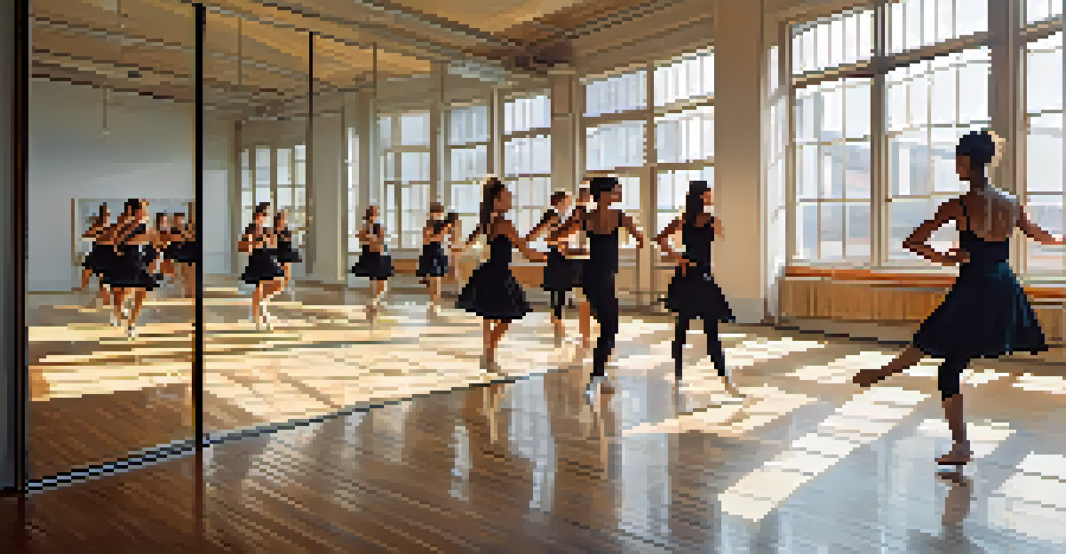 A group of dancers rehearsing in a bright studio with mirrors, showcasing teamwork and diverse styles.