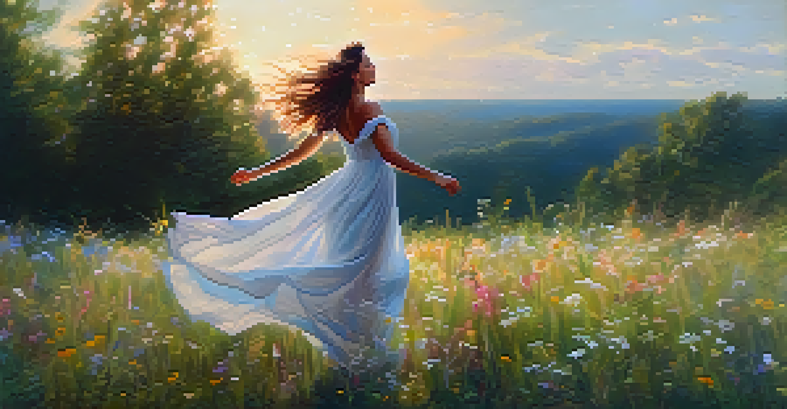 A young woman dancing in a field of wildflowers, surrounded by trees and soft sunlight, representing freedom and connection with nature.