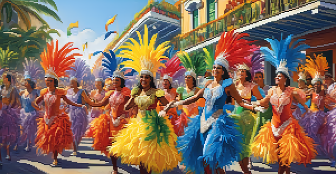 A lively samba parade featuring dancers in colorful costumes with feathers, performing amidst a festive crowd and decorations under bright sunlight.