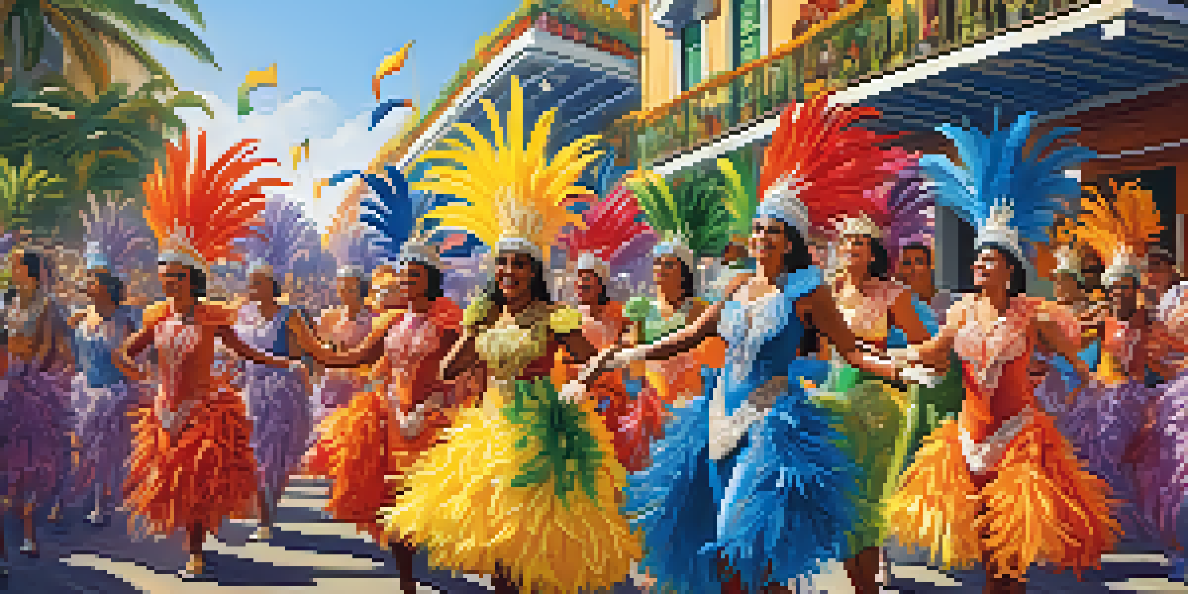 A lively samba parade featuring dancers in colorful costumes with feathers, performing amidst a festive crowd and decorations under bright sunlight.