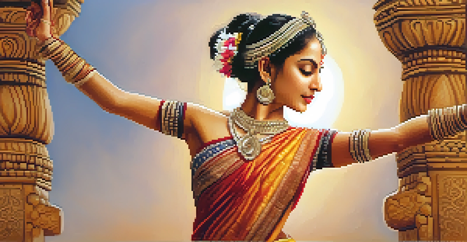 An Odissi dancer in a traditional pose, set against the backdrop of an ancient temple at sunset.