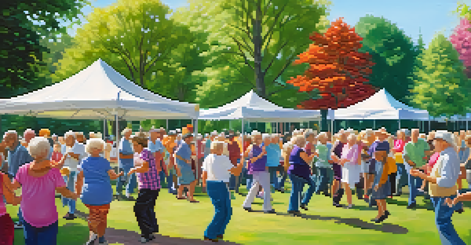 Seniors participating in a lively outdoor line dance event in a park.