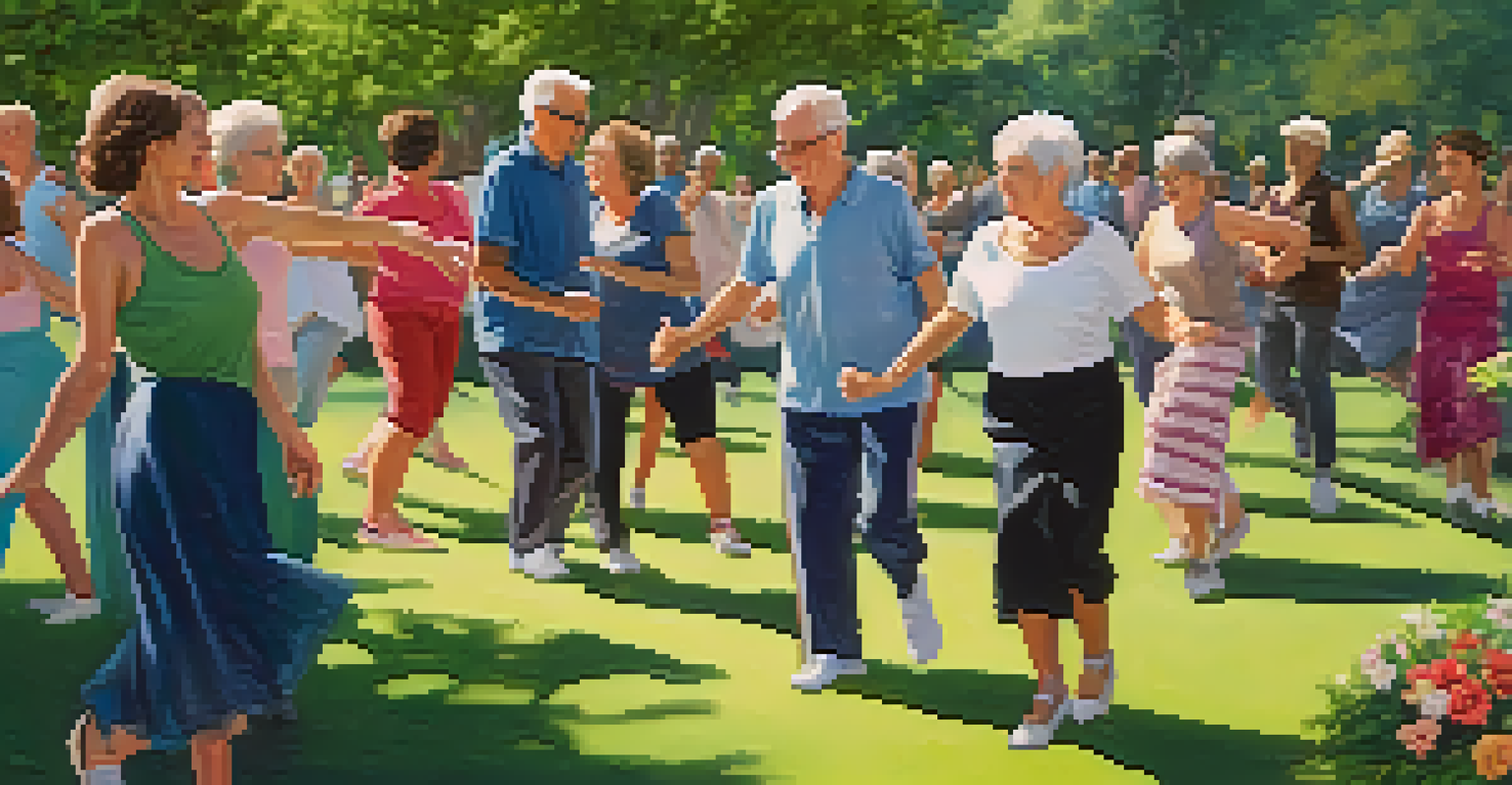 Older adults enjoying a salsa dance class in a park, surrounded by blooming flowers and greenery.