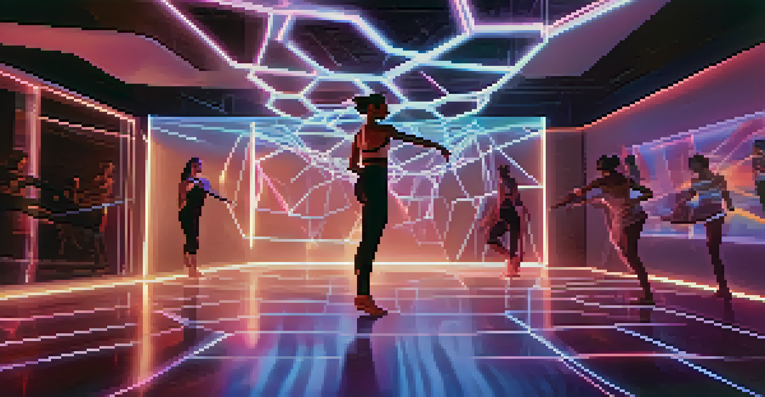 A dancer practicing in a virtual reality studio with a holographic dance partner.