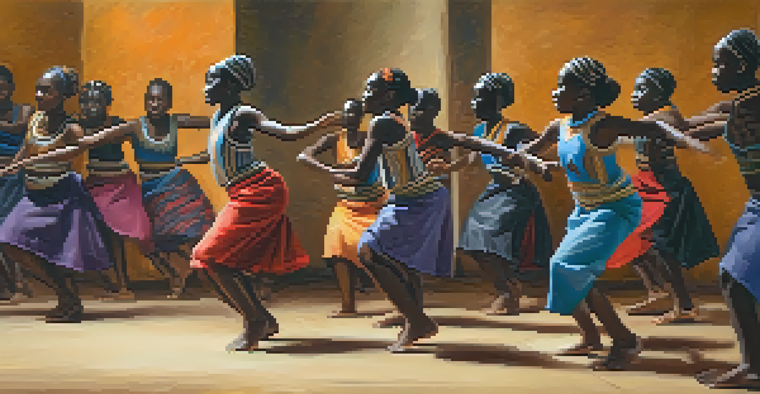 Young dancers practicing traditional African dance in a community workshop surrounded by cultural artifacts.