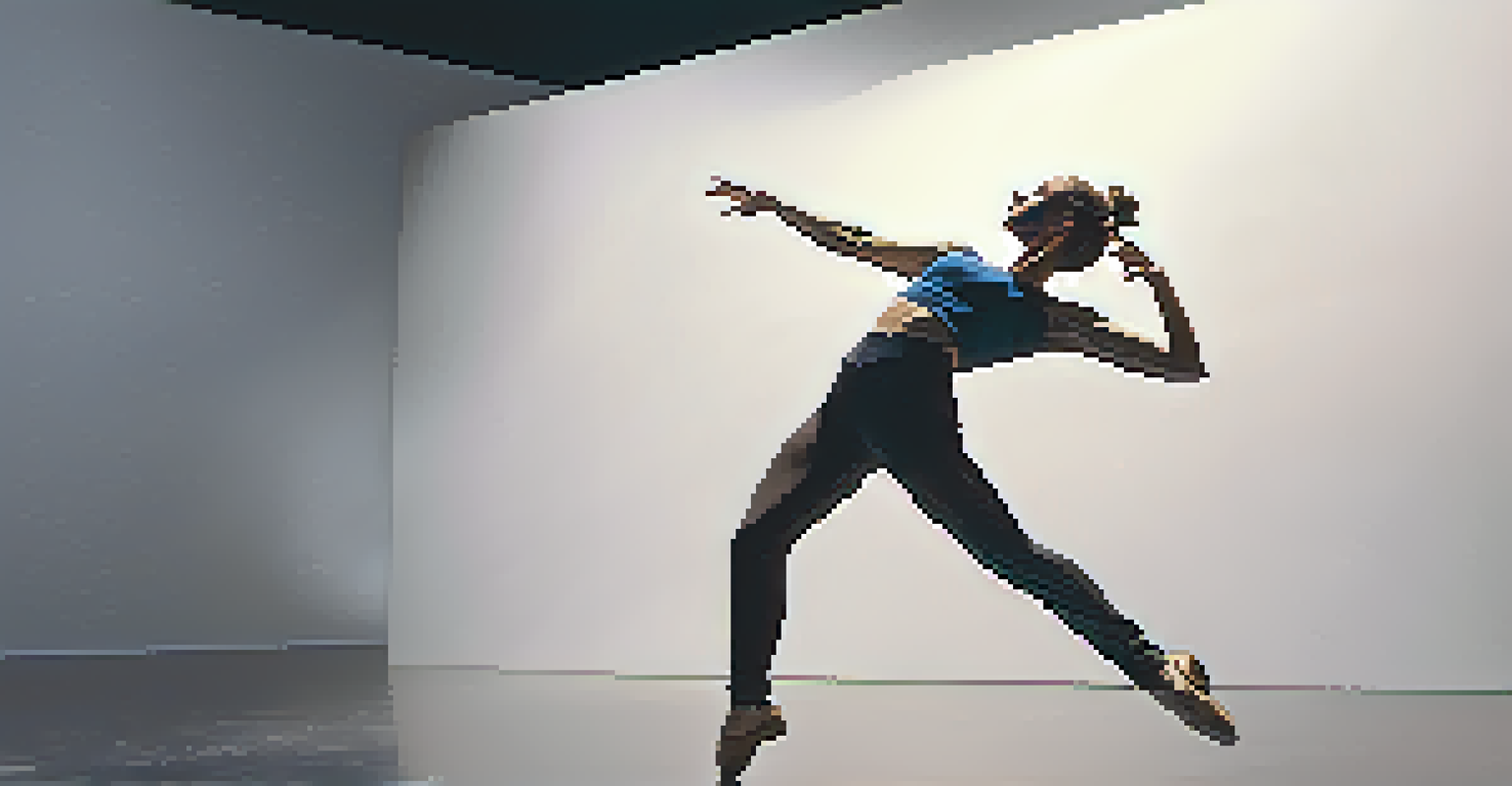 A contemporary dancer performing mid-leap on stage in a modern theater, spotlighted against a dark backdrop.