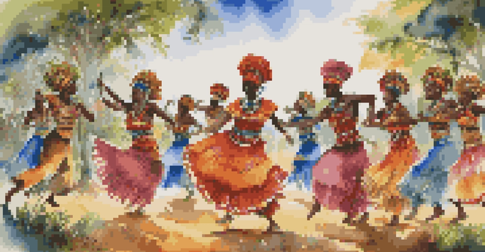 A group of dancers in colorful traditional costumes performing an African dance in a lush outdoor setting.