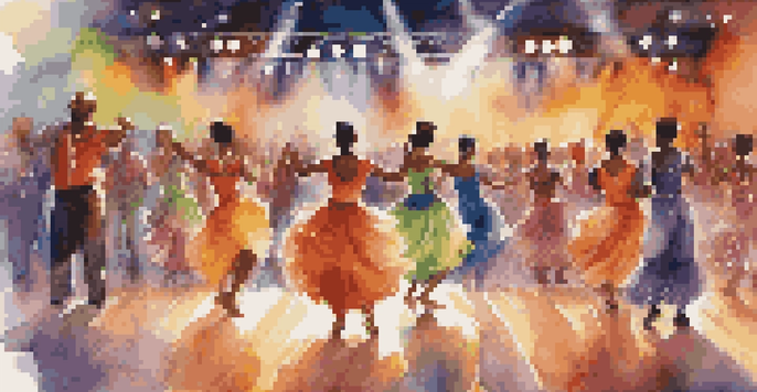 A lively dance competition with dancers in colorful outfits from various cultures performing on stage, while an engaged audience watches and applauds under dynamic stage lighting.