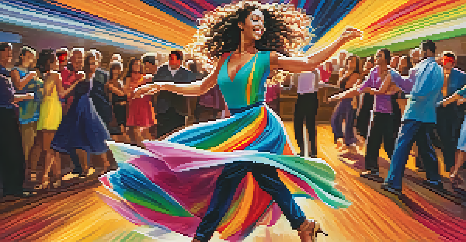 A salsa dancer in a colorful dress dancing energetically on a vibrant dance floor.