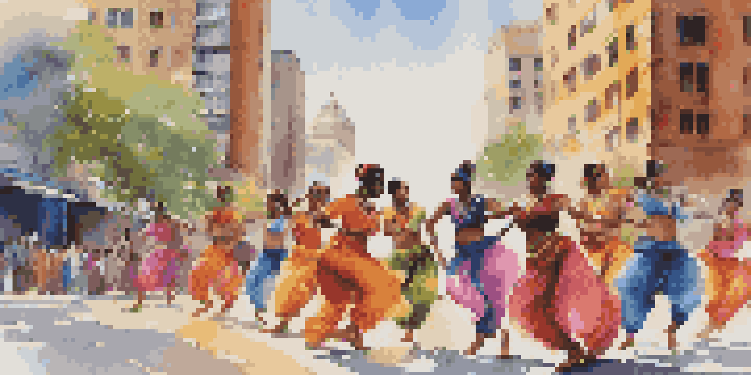 A lively street performance featuring dancers in traditional and modern costumes blending Indian and hip-hop styles, set against a backdrop of urban and traditional architecture.