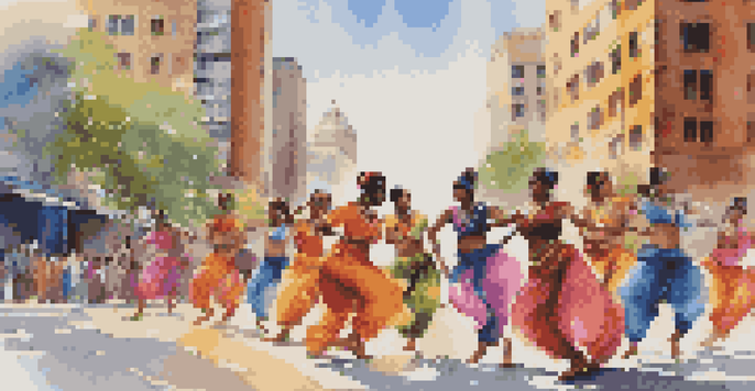 A lively street performance featuring dancers in traditional and modern costumes blending Indian and hip-hop styles, set against a backdrop of urban and traditional architecture.