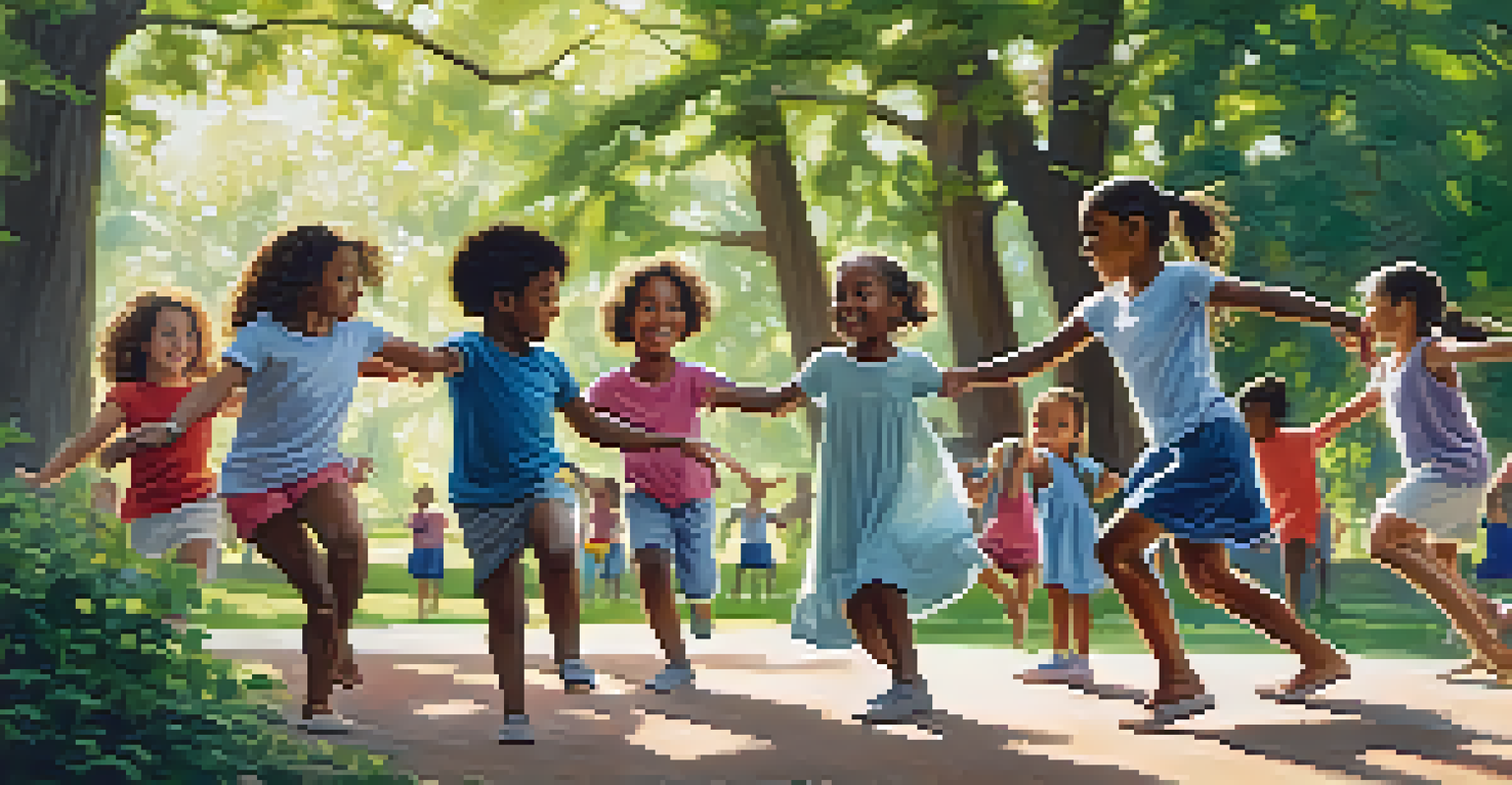 A peaceful image of children participating in a dance class outdoors in a park, surrounded by nature, expressing creativity and joy.